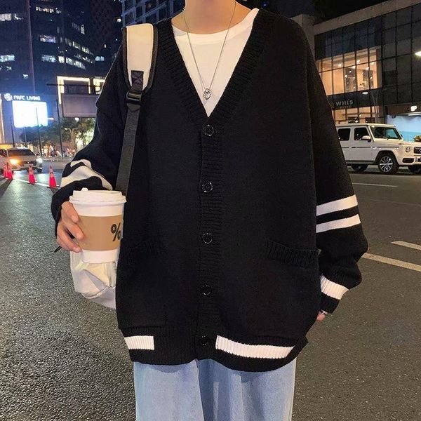 

men's sweaters knitted cardigan print striped sweater loose male clothing casual spring autumn pocket v-neck long sleeve single-breaste, White;black