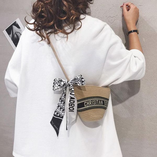 

evening bags women's straw bucket bag summer woven shoulder shopping purse beach handbag silk scarf handbags travel