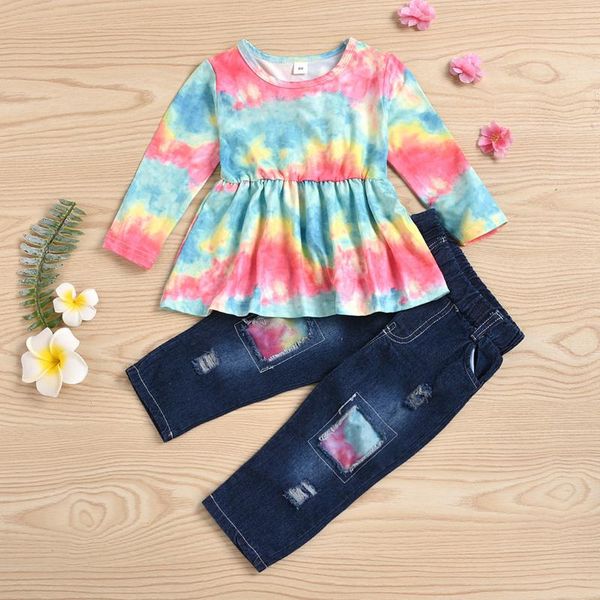 

clothing sets girls tie-dye clothes 2pcs suit baby kids tie dye t-shirt pants jeans casual outfits set for, White