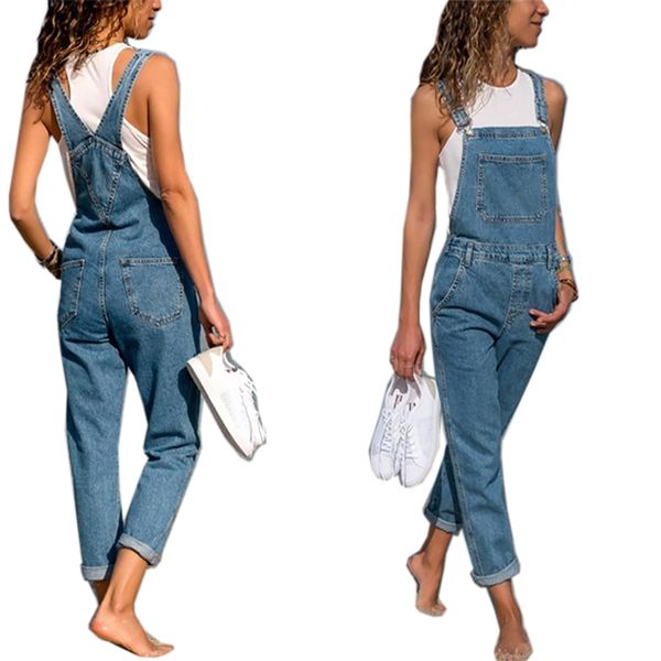 

fashion women baggy denim cross border special jeans bib full length overall solid loose causal jumpsuit suspender 210629, Blue