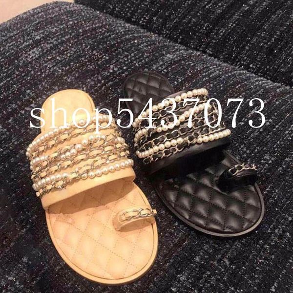 

women shoes 2021 spring summer brand design genuine leather slipper flats pearl metal lady sandals, Black