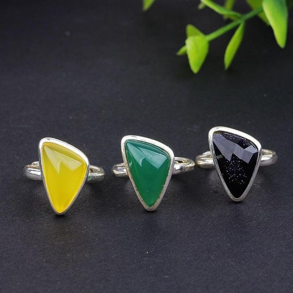 

cluster rings s925 sterling silver retro fashion cut blue sandstone z green agate triangle opening ring for women, Golden;silver
