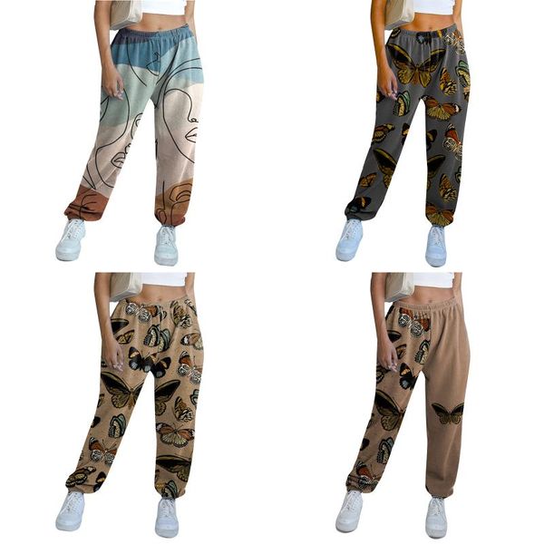 

women's leggings women casual polyester loose pants butterfly print high waist slimming party street jogger trousers, Black