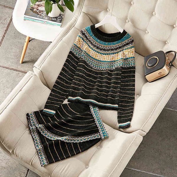 

two piece dress autumn european and american women's wear skirts gold stripe sweater with long sleeves fashion knitted suit o16p, White