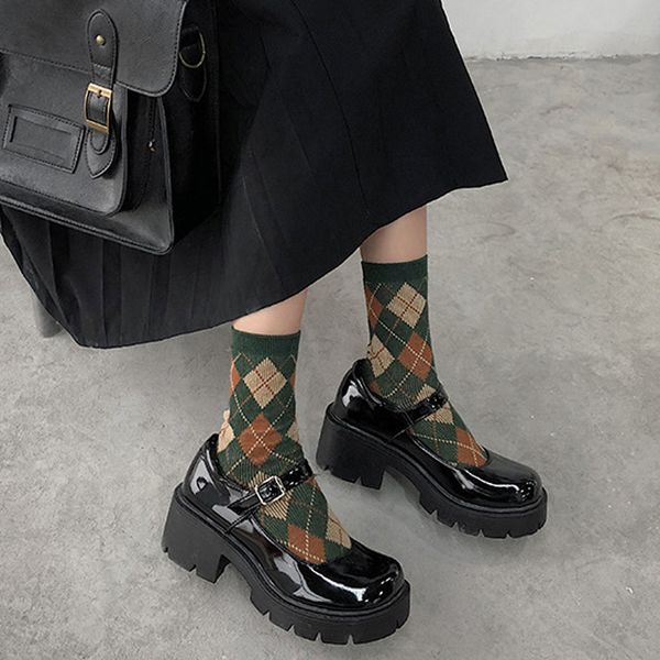 

women lolita shoes british style retro diamond check socks personality college style mary janes shoes thick bottom women shoes, Black