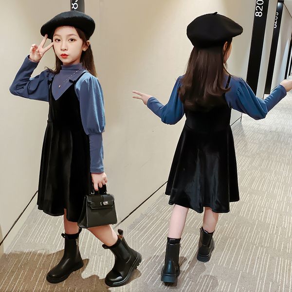 

New Girls Clothing Set Fashion Kids Turtleneck Puff Sleeve Shirt +Velvet Condole Belt Dress 2pcs Autumn Kids Clothes 4-12yrs, Navy