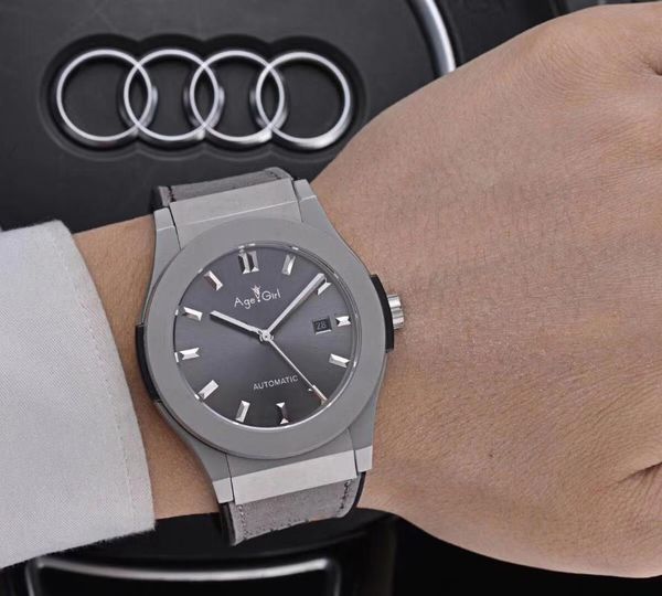 

wristwatches men automatic mechanical silver blue black leather stainless steel grey titanium crystal sapphire watch, Slivery;brown