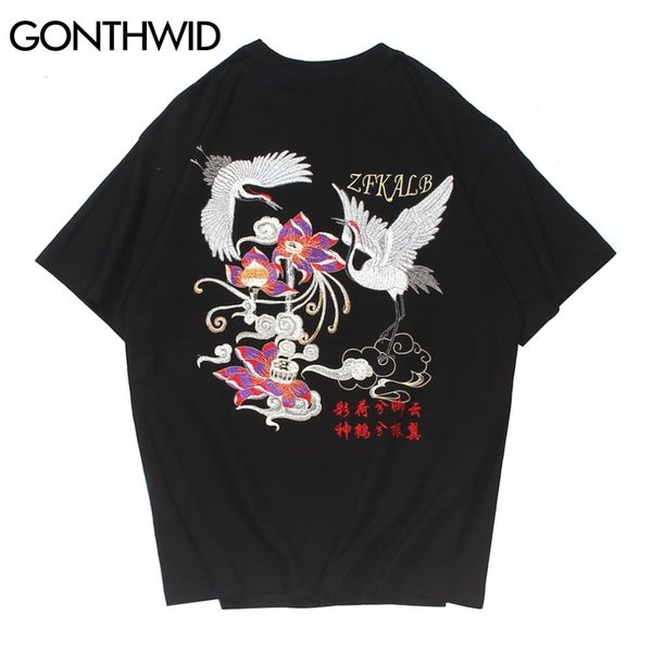 

tshirts men hip hop streetwear casual embroidery cranes lotus flowers short sleeve cotton t-shirts harajuku tees 210602, White;black