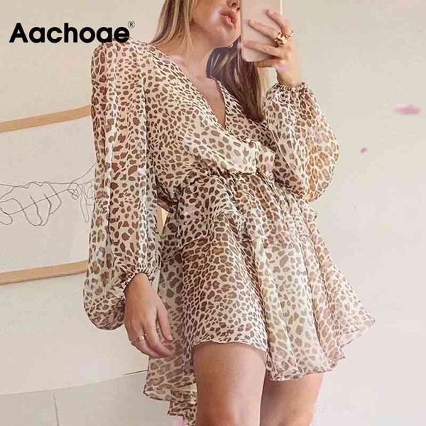 

aachoae summer women leopard print mini dresses bow tie lantern sleeve ruffles chiffon see through beach dress 210413, Black;gray