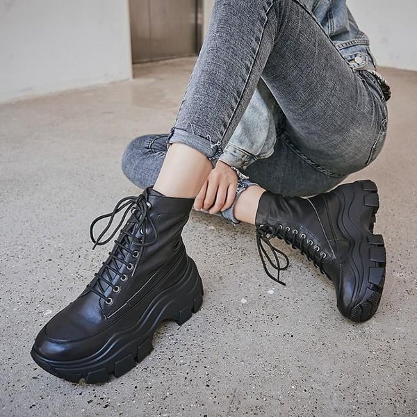 

boots pxelena thick platform chunky dad shoes women genuine leather lace up punk rock gothic creepers combat ankle lady, Black