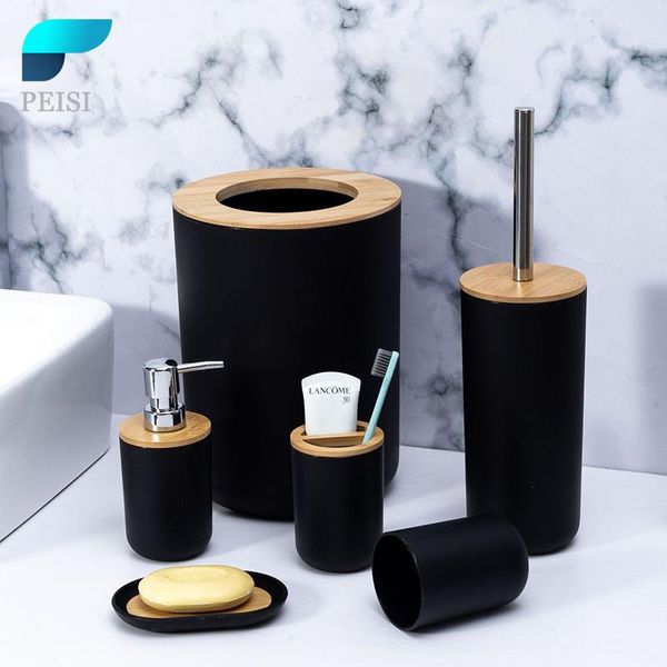 

bath accessory set peisi bathroom accessories 6 pieces bamboo room toothbrush holder soap dispenser toilet brush trash can