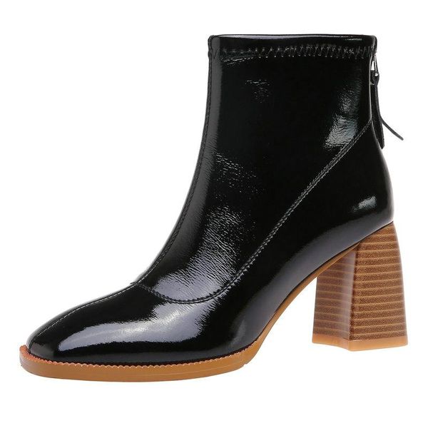 

boots classic back zipper ankle woman 2021 autumn winter genuine leather high heels shoes office lady retro, Black