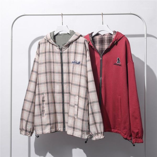 

men's jacket reversible grid checked hooded oversized loose style streetwear cotton zipper fashion coat men women clothing jackets, Black;brown