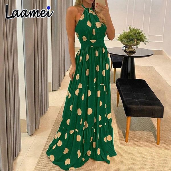 

casual dresses laamei halter backless print floral women's long dress sleeveless v-neck slim waist female maxi beachwear vestidos, Black;gray