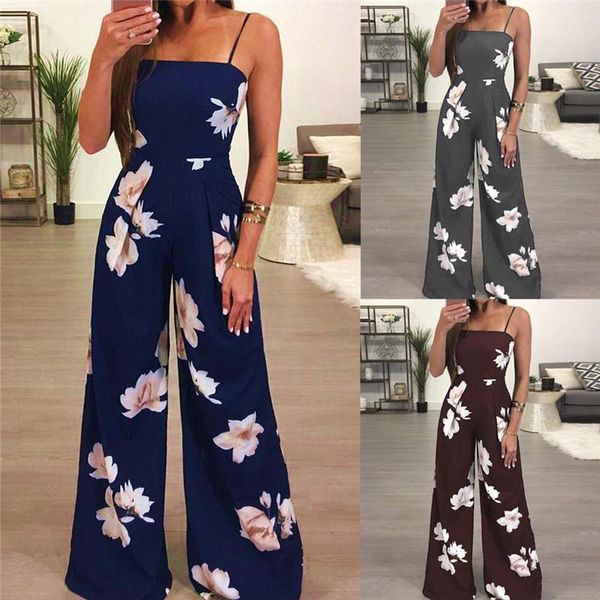 

elegant sleevless strap playsuit women jumpsuit floral print backless hollow out wide leg pants high waist, Black;white