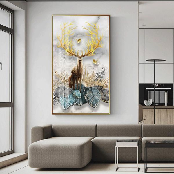 

paintings nordic modern living room bedroom corridor decoration painting gold deer canvas poster printing, abstract art wall