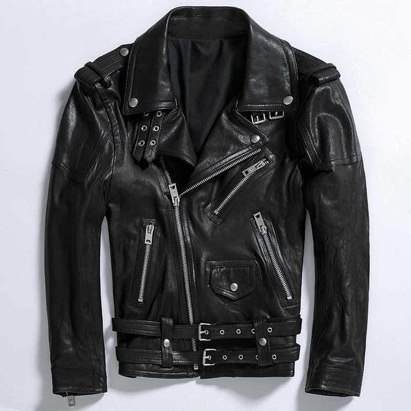 

men's leather & faux 2021 fashion genuine jacket men sheepskin short slim fit retro vintage turan-down collar motorcycle coat, Black