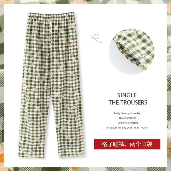

women's sleepwear spring summer 100% cotton sleep bottoms women simple pants for female casual plaid ladies home trousers, Black;red