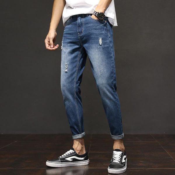 

men's jeans ripped slim-fit retro washed casual pants high street male pencil, Blue