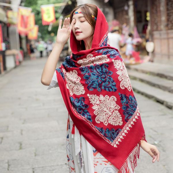 

scarves all-match women cashmere pashmina embroidery scarf winter floral tassel wraps big size 200*70cm travel shawl female, Blue;gray