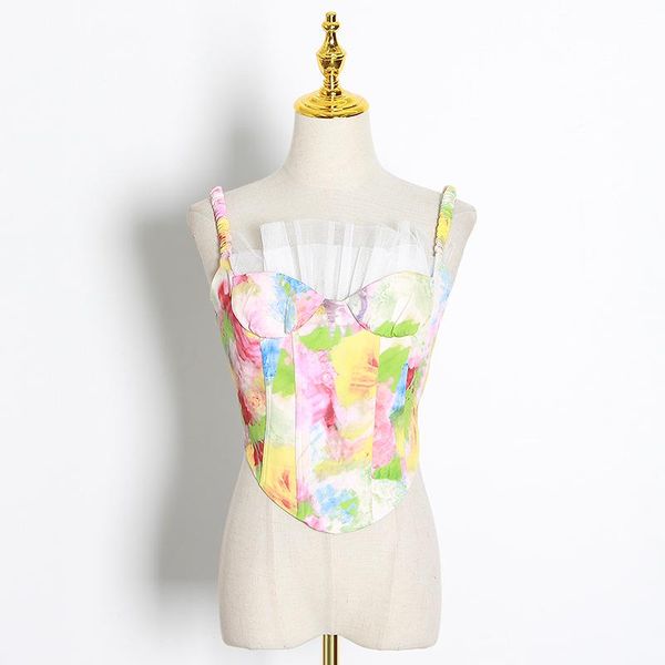 

women's tanks & camis spaghetti strap vintage vests for women female summer print patchwork ruffle mesh vest fashion clothing, White