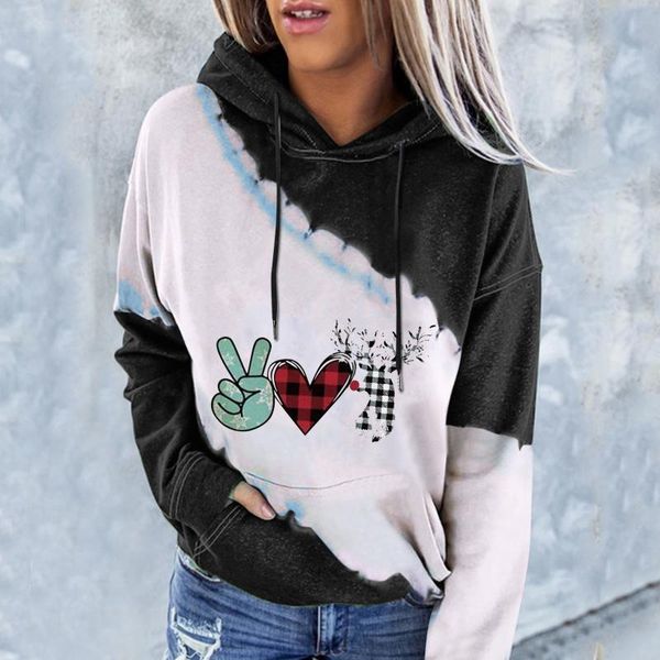 

women's hoodies & sweatshirts womens casual oversized hoodie long sleeve christmas color matching printing pullover hooded pocket, Black