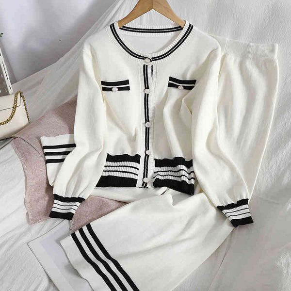 

spring women's knitted tracksuit 2 pieces set fashion o-neck long sleeve women cardigan sweater+ wide leg pant suits 210518, White