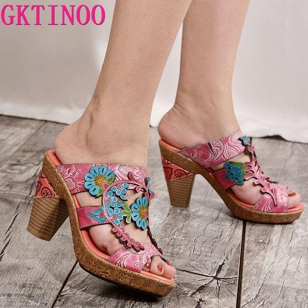 

slippers gktinoo 2021 summer women high heel shoes peep toes handmade vintage flowers genuine leather lady outdoor, Black