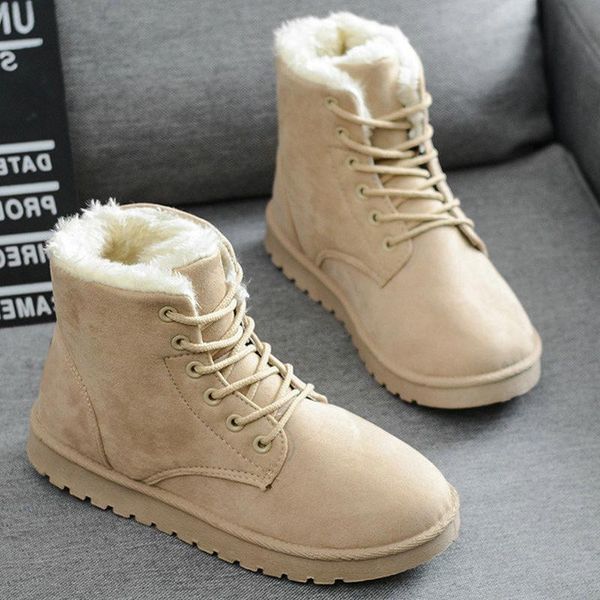 

boots 2021 women winter snow fur suede ankle warm flat plus size platform lace up ladies shoes flock female, Black
