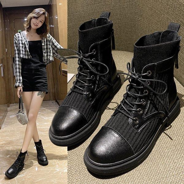 

boots lace up shoes fashion woman flat heel round toe punk med ankle rubber rock autumn leather summer lolita black ladies cotto