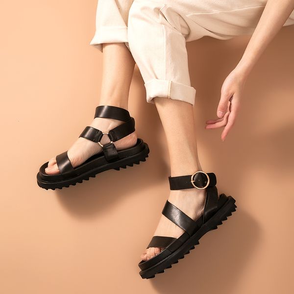 

sandals sandals women sheep genuine leather ankle strap metal ring buckle lady summer platform shoes handmade 38123, Black