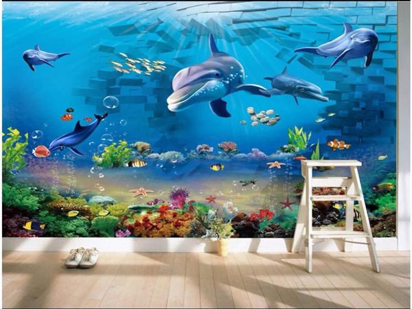 

wallpapers 3d wallpaper custom mural wall cloth sea world brick dolphin background for walls 3 d po