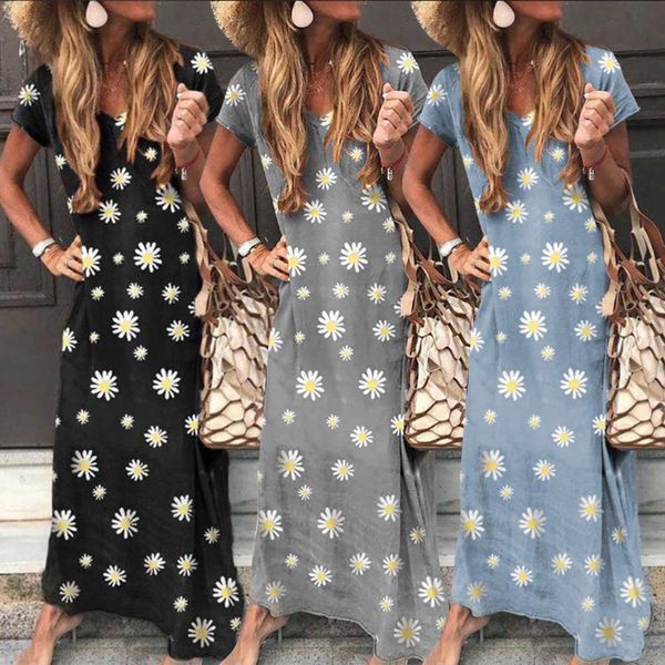 

summer 2020 women's daisy print v-neck short sleeve dress casual long skirt beach s-5xl, Black;gray