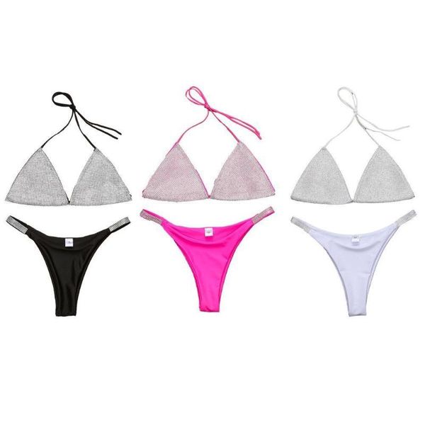 

women's swimwear luxury bling rhinestone bikini female swimsuit set halter bather suit women two-pieces swim bathing w8s8, White;black