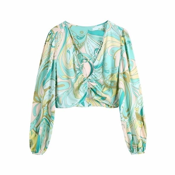 

sweet women v neck lantern sleeve blouse spring-autumn fashion ladies high street shirt female printed 210515, White