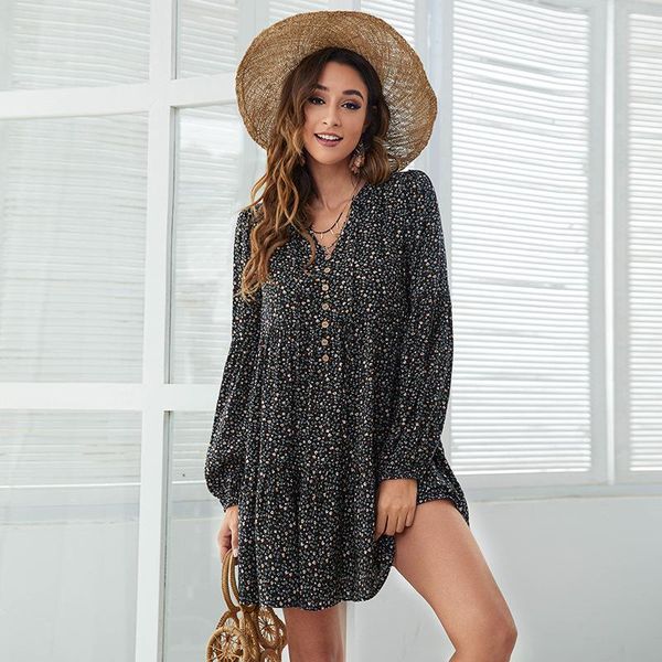

casual dresses floral print lantern sleeve ruffles dress women v-neck button loose mini 2022 spring female vintage party, Black;gray