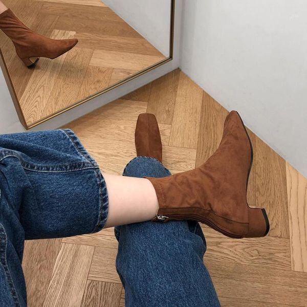 

boots multicolor versatile fashion short leather/suede square toe mid-heel nude size 33-42 zipper women1, Black
