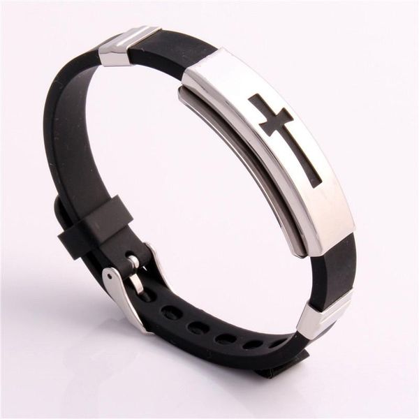 

bangle silver cross stainless steel black rubber silicone bracelet wristband
