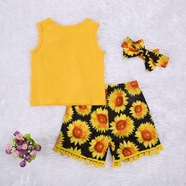 

fashion 0-5y children clothing summer kid baby girl clothes outfit sunflower print sleeveless t shirt shorts headband 3pcs sets, White