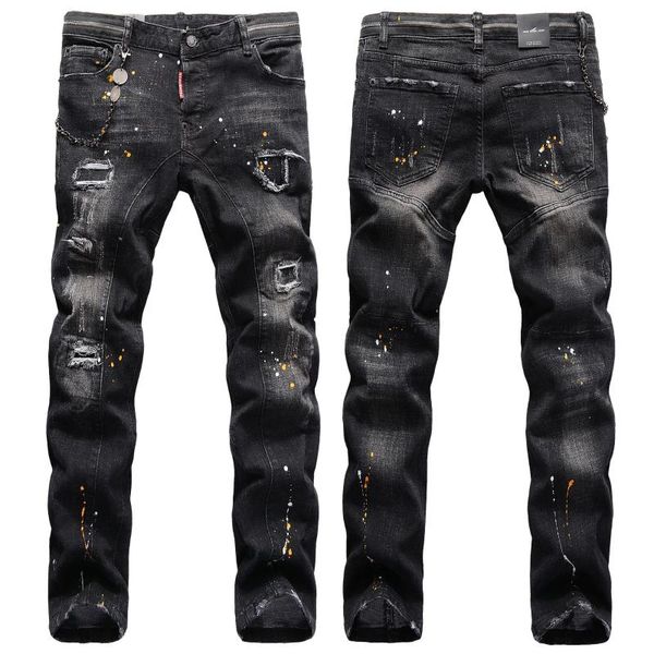 

men slim jeans pants mens denim trousers zipper black hole pencil for men's, Blue