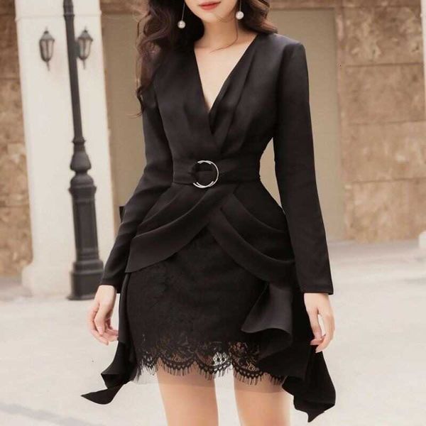 

two piece dress autumn black v-neck slim waist belt long sleeve satin blazer jacket + bodycon ruffles patchwork lace mini ski ej4c, White