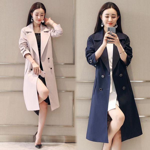 

women's trench coats windbreaker middle long spring and autumn 2021 wear korean slim tie double breasted british coat, Tan;black