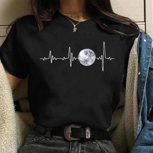 

women's t-shirt moon black casual round neck r eclipse printed, White