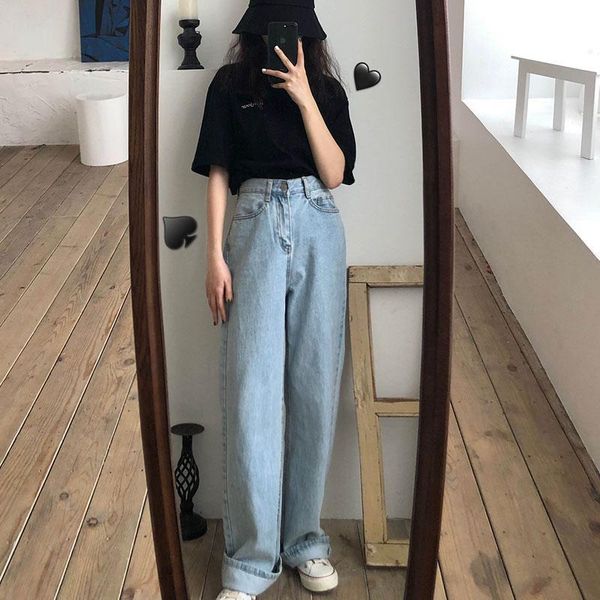 

women's jeans sml 4 colors 2021 korean chic style women slim denim pants casual blue high waist for straight (x966)