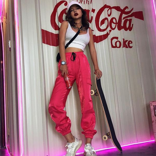 

women's pants & capris women pocket high waist neon long streetwear trouser summerfemale casual party club clothes1 r3b7, Black;white