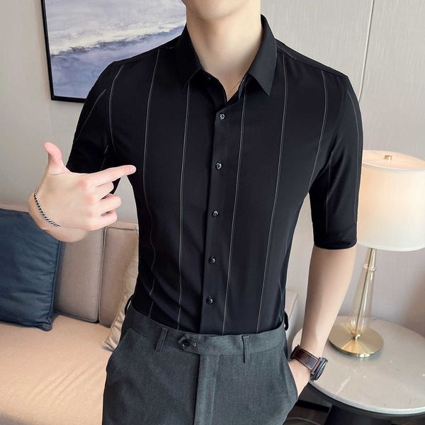 

gentleman striped shirts men business formal dress shirts 3/4 slim casual shirt social party office men clothing chemise homme 210527, White;black