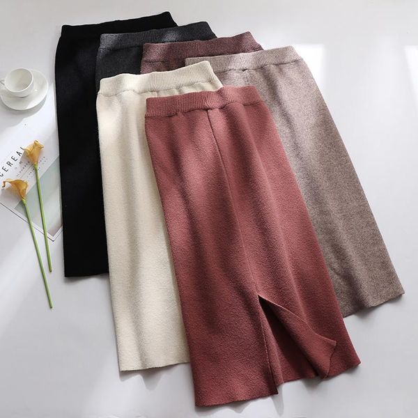 

skirts thick warm women sweater split saia autumn winter elastic high waist knitted long & midi black skirt