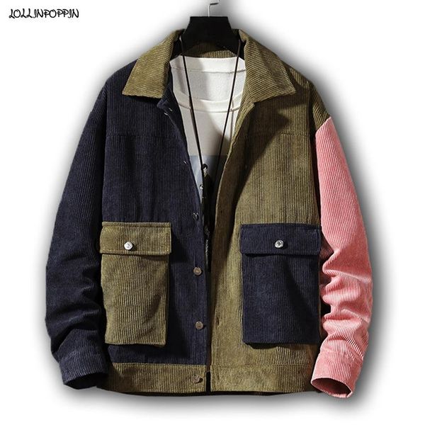 

men's jackets patchwork color men corduroy jacket turn down collar 2021 spring autumn front big flap pockets single breasted casual coa, Black;brown