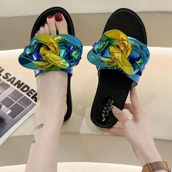 

slippers rimocy colorful chain flats slides women soft bottom comfortable summer woman outdoor indoor open toe casual zapatillas, Black