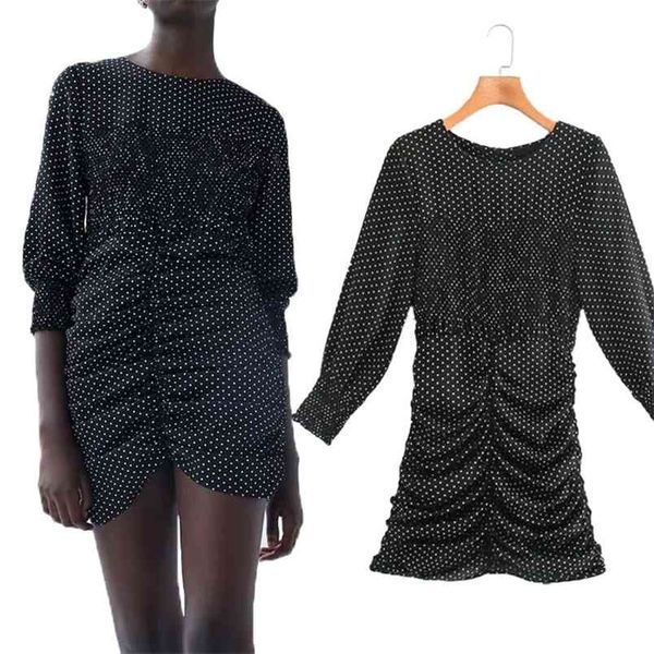 

women wrap dress ruched elegant woman polka dot round neck black mini dress gathered hem zip ladies dresses 210519, Black;gray
